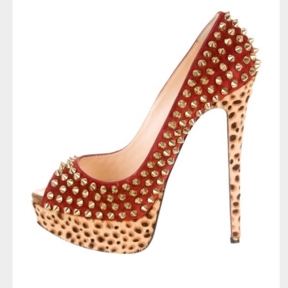 Christian Louboutin Red Heels with Gold Studs and Leopard Print - Picture 1 of 8